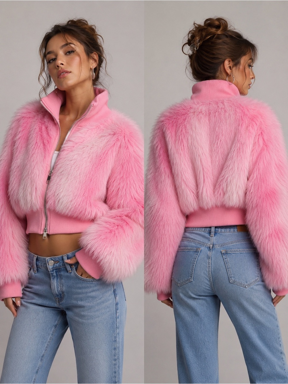 Silence + Noise Pink Faux Fur Cropped Bomber Jacket Y2K Size Small